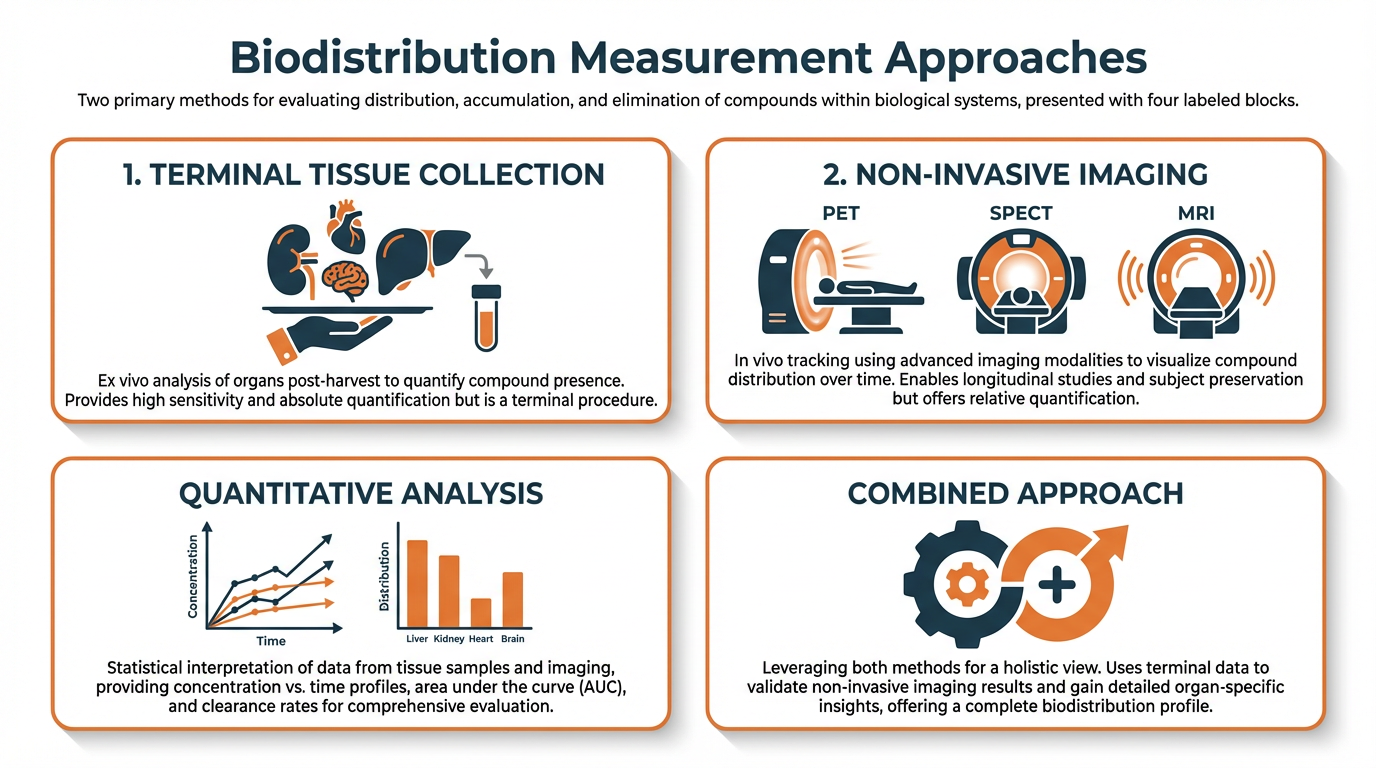 Biodistribution measurement methods in preclinical drug delivery studies showing tissue collection and imaging approaches