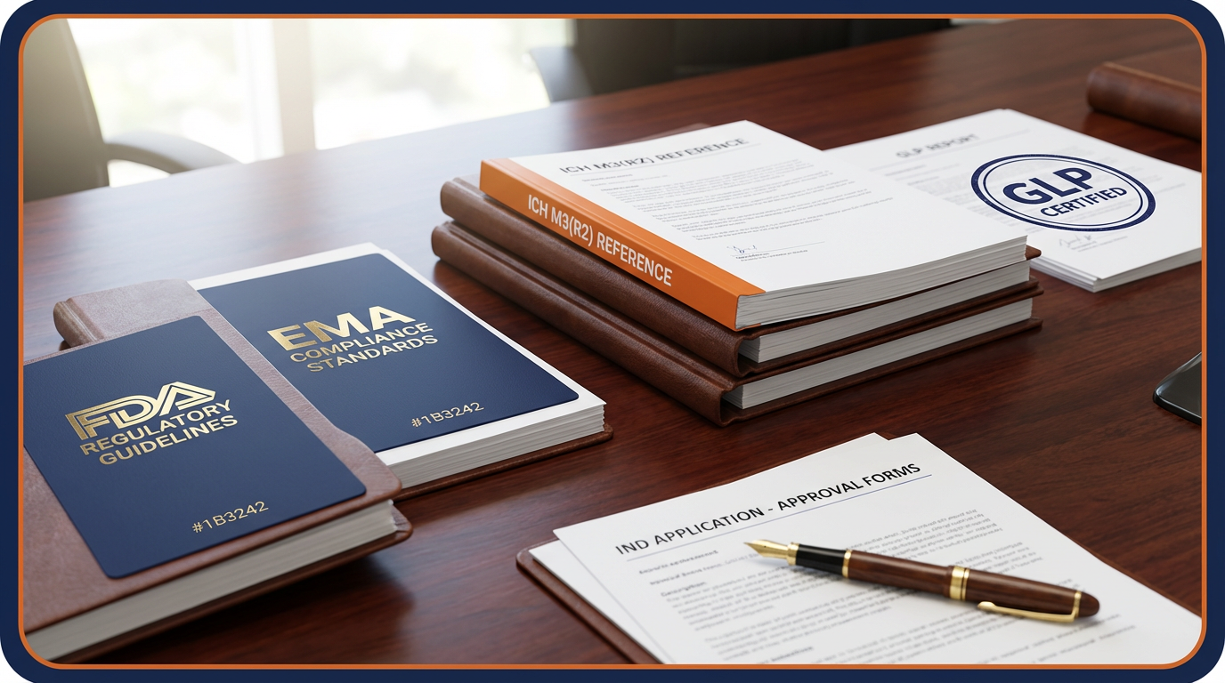 Regulatory framework diagram showing FDA, EMA, and ICH guidelines for preclinical drug delivery studies
