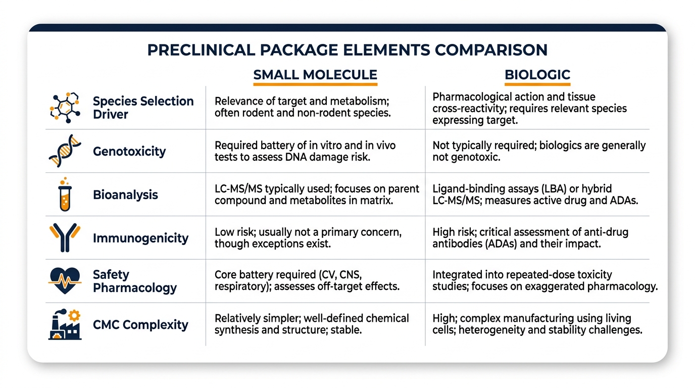 Comparison: small molecule vs biologic preclinical package requirements