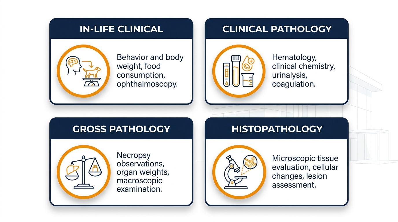 Endpoints Evaluated in Multi-Dose Toxicology Studies – clinical, pathology, histopathology