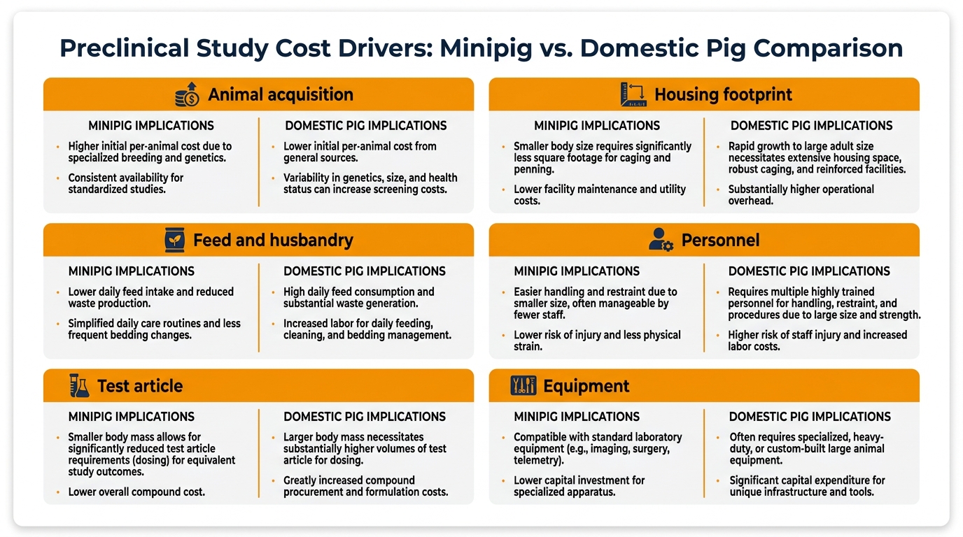 Budget breakdown comparing minipig and domestic pig study costs