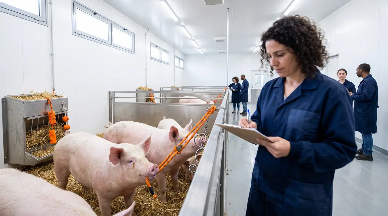Group-housed research pigs with enrichment materials reducing tail biting
