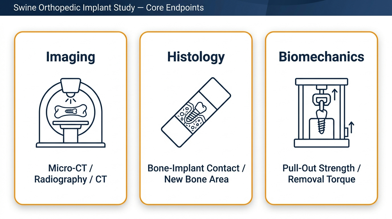 Key outcome measures for swine orthopedic implant studies including imaging, histology and biomechanics