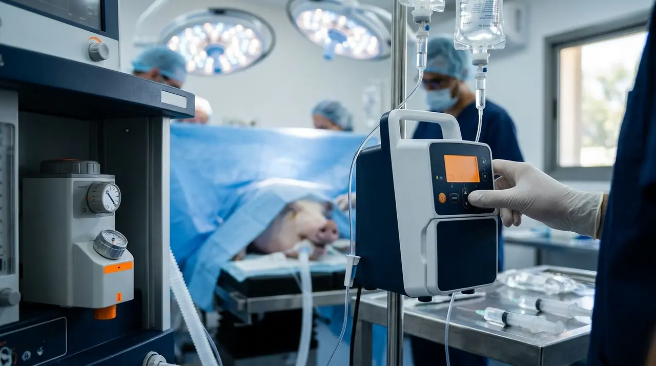 Partial intravenous anesthesia setup in a research pig procedure